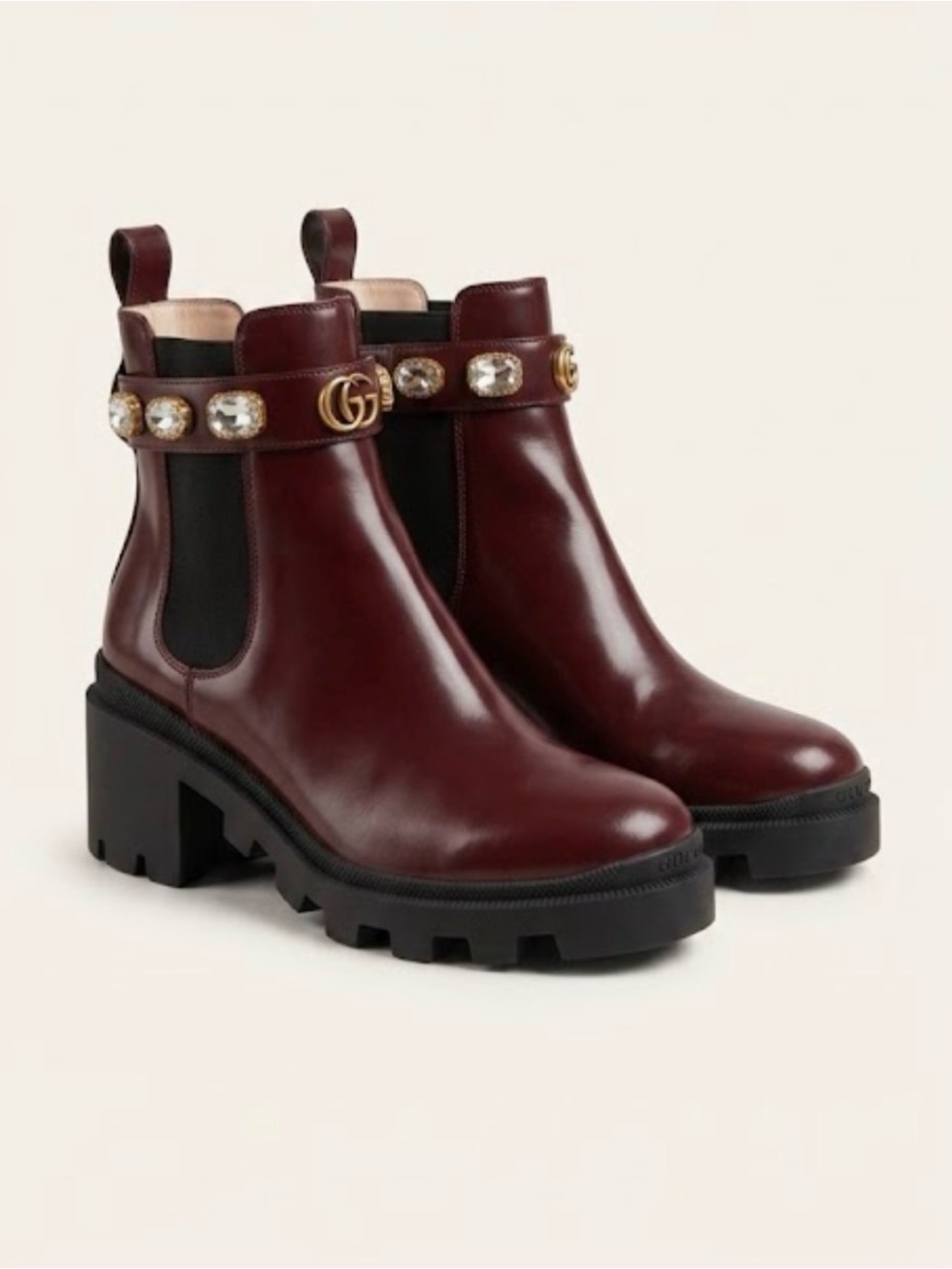 Gucci Trip Crystal Strap Lug Sole Chelsea Ankle Boots Bordeaux Burgundy 40.5